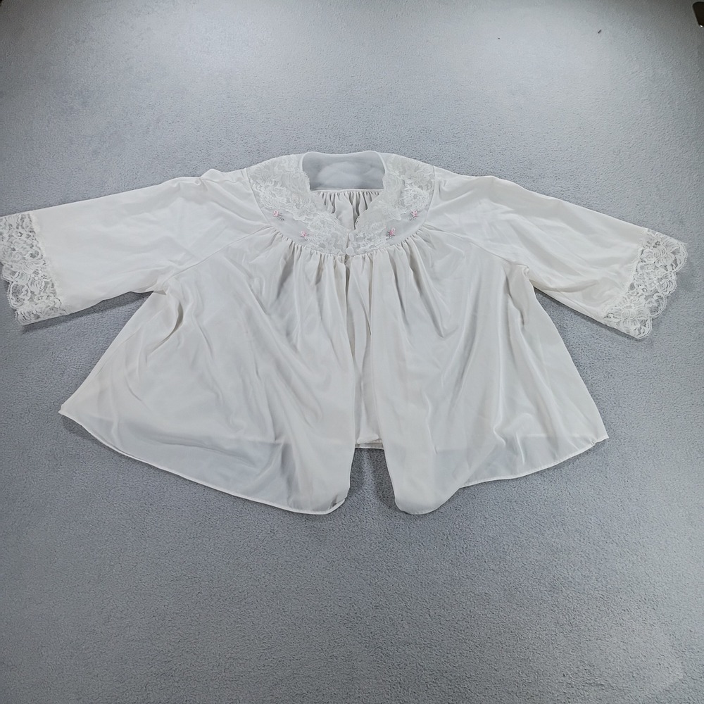 Shadowline Womens Bed Jacket White L Lace Trim Floral Embroidered Robe